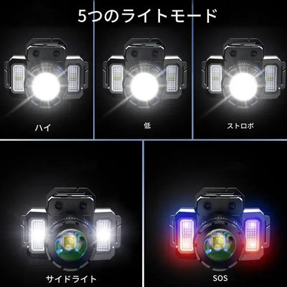 LEDヘッドライト ズーム機能 センサー感知 USB充電式 高輝度 5モード 防水 軽量 作業用 ヘッドランプ アウトドア