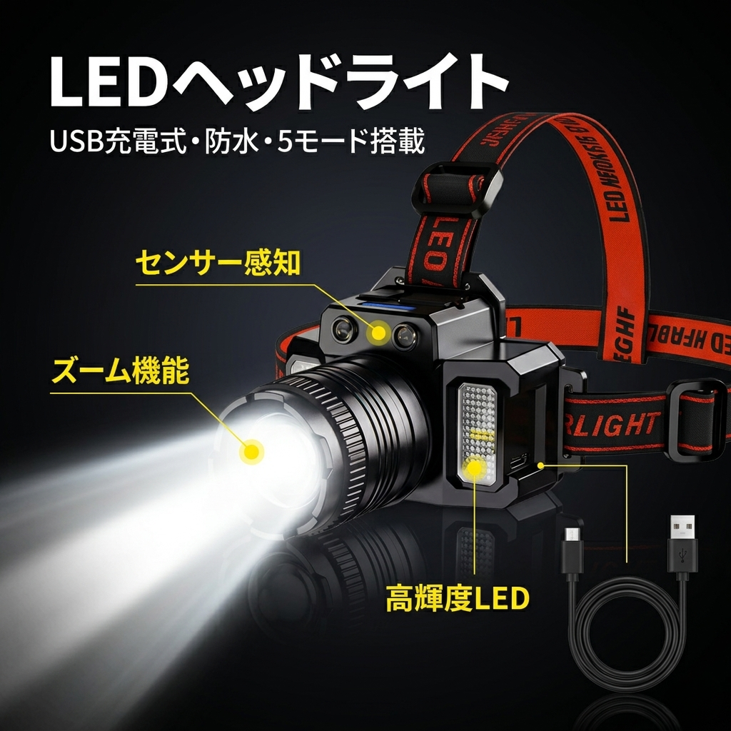 LEDヘッドライト ズーム機能 センサー感知 USB充電式 高輝度 5モード 防水 軽量 作業用 ヘッドランプ アウトドア